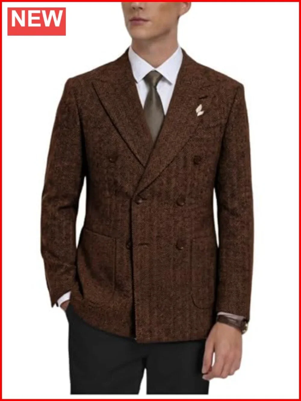 Mens Tweed Herringbone Blazer Double Breasted Sport Coat Winter Business